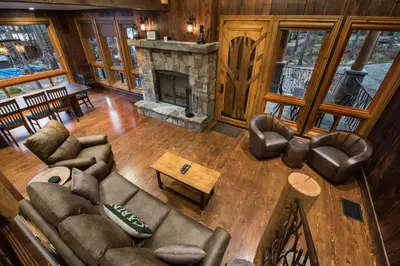 an overhead view of a living room with a fireplace at Rustic Retreat in Wawona