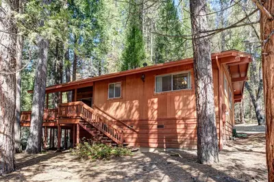 a cabin in the woods with a wooden staircase at Robin's Nest in Wawona