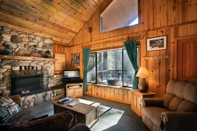 a living room with a stone fireplace in a cabin at Wawona Cabin in Wawona