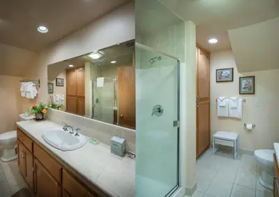 a bathroom with a sink and a shower at The Terry Cabin in Wawona