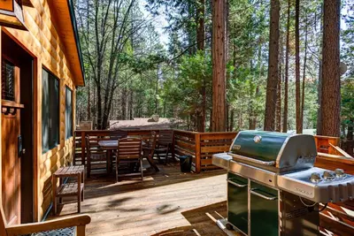 a screened in porch with a grill on a deck at Big Pine Lodge in Wawona