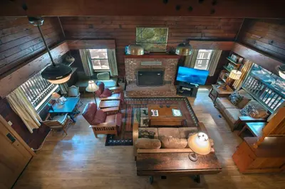 an overhead view of a living room with a fireplace at Grandma's Cabin in Wawona