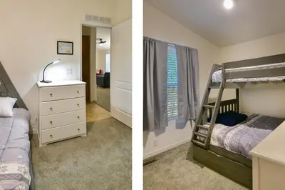 two pictures of a bedroom with a bunk bed at Suter's Forte in Wawona