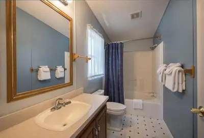 a bathroom with a sink and a toilet and a mirror at Rosenberg's Creekside Cabin in Wawona