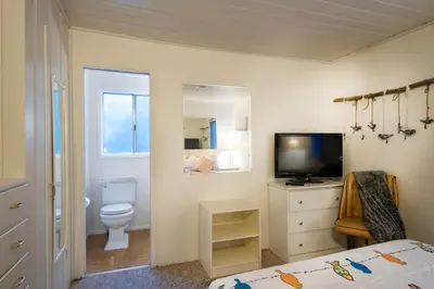 a bedroom with a bed and a toilet and a television at The Last Resort in Wawona