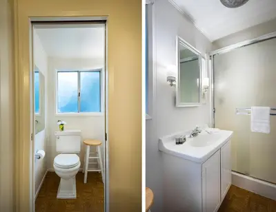 two pictures of a bathroom with a toilet and a sink at The Last Resort in Wawona
