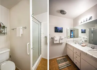 a bathroom with a shower and a sink and a toilet at The Last Resort in Wawona