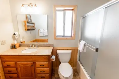 a bathroom with a toilet and a sink and a shower at Grant's Camp in Wawona