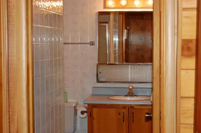 a bathroom with a sink and a mirror and a toilet at Manzanita Lodge in Wawona
