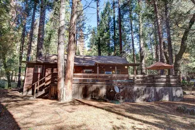 a log cabin in the middle of a forest at Creekside Cabin in Wawona