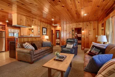 a living room with leather furniture and wooden walls at The Williams Cabin in Wawona