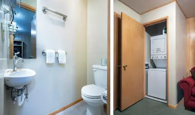 a bathroom with a toilet and a sink at River Lodge in Wawona