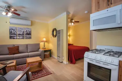 a living room with a stove and a couch at Sparrow's Nest in Wawona