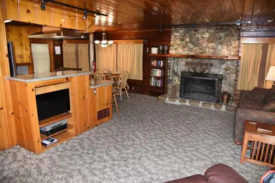 a living room with a fireplace and a television at Sequoia in Wawona
