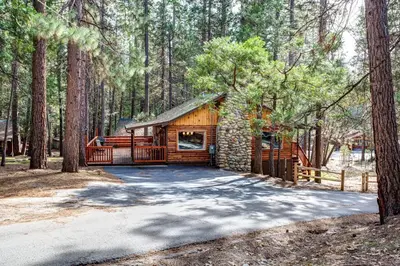 a cabin in the woods with a driveway at Our Yosemite Getaway in Wawona