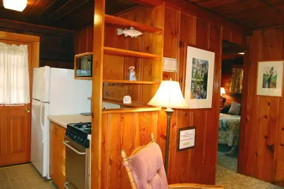 a kitchen with wooden walls and a refrigerator and a lamp at Nugent's Nest in Wawona