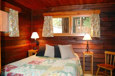 a bedroom with a bed and a window at Nugent's Nest in Wawona
