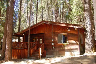 a log cabin in the woods with a tree at Shehadey's Retreat in Wawona