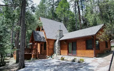 a log cabin in the woods with a porch at Boot's Haven in Wawona