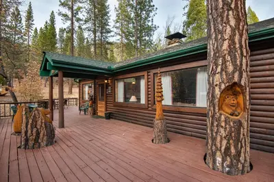 a cabin with two faces on the side of a tree at Deer Lodge in Wawona