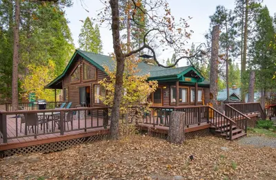 a log cabin in the woods with a tree at Deer Lodge in Wawona