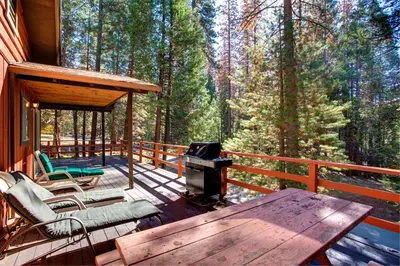 a screened in porch with a picnic table and a grill at Deer Hollow in Wawona