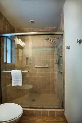 a bathroom with a glass shower with a toilet at Arnetts' Cabin in Wawona