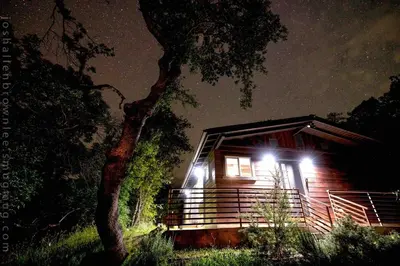 a cabin at night with lights in front of it at Alta Peak Penzion in Three Rivers