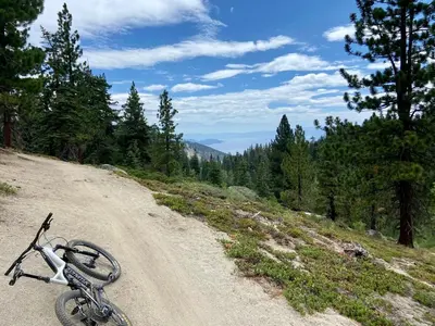 a bike is parked on a dirt road at North Tahoe Escape in Incline Village