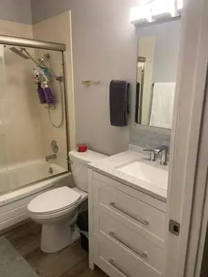 a bathroom with a toilet and a sink and a shower at North Tahoe Escape in Incline Village