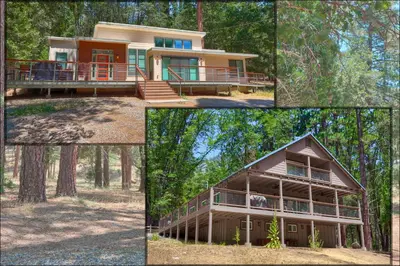 a collage of pictures of a house in the woods at Yosemite's Meadow Haven 2358 in Wawona