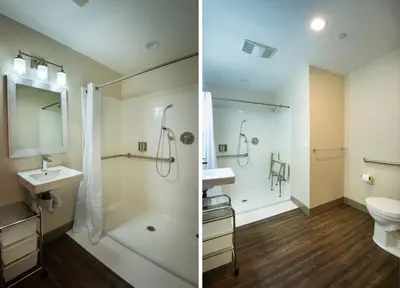 a bathroom with a shower and a sink and a toilet at Yosemite's Meadow Haven 2358 in Wawona