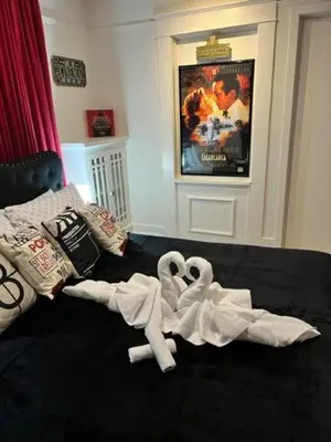 two swans made out of towels on a bed at Reno MidTown Movie House in Reno