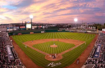 an aerial view of a baseball game at dusk at New Luxurious 1BR Apartment Heated Pool Spa & Sauna in Reno