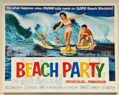a poster for a beach party with people on surfboards at Beach House Staycation in Sparks