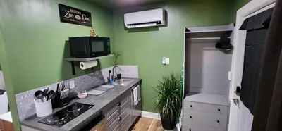 a green kitchen with a sink and a tv on the wall at MidTown Zen Den in Reno