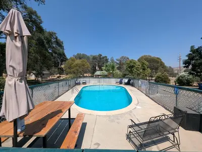 a swimming pool with a bench and an umbrella at Squaw Valley Motel Room 4 in Squaw Valley