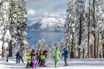a group of people on skis in the snow at Updated Cabin near Beach&Ski HotTub Sauna Pets EV in Tahoe City