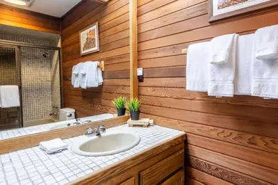 a bathroom with a sink and a mirror at Cedar and Snow in Mammoth Lakes