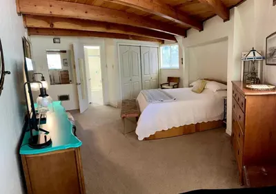 a bedroom with a bed and a desk in a room at Unique and Secluded Dome Getaway near Sacramento, California in Pioneer