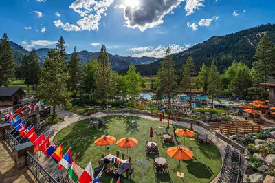 an aerial view of a resort with umbrellas at Spa and Ski-InandOut Access! Everline Resort Studio in Olympic Valley