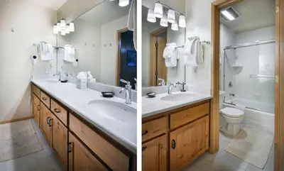 two pictures of a bathroom with two sinks and a toilet at Yosemite's Riverfront Retreat in Wawona