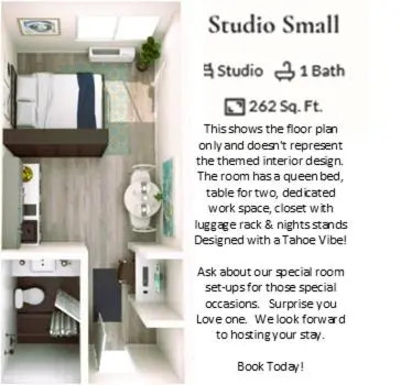 a poster of a small room with a small bathroom at The Rivet in Reno