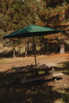 a picnic table with a green umbrella on it at Glamping yurt at a nature retreat near Sequoia in Miramonte