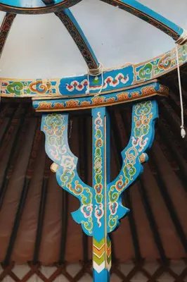 a ceiling of a gazebo with colorful designs at Cosy yurt at a nature retreat in Sequoia Forest in Miramonte