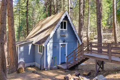 a blue house with a roof in the woods at Hike, Ski and Sip Arnold Cabin 4 Mi to State Park! in Arnold