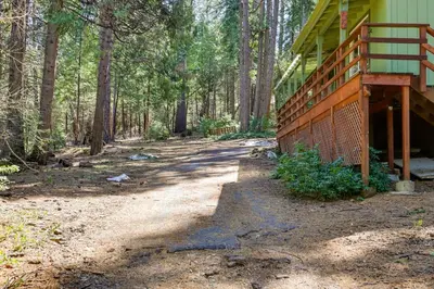 a porch of a house in the woods at Stay Near Big Trees, Bring Your Pets Arnold Cabin in Arnold