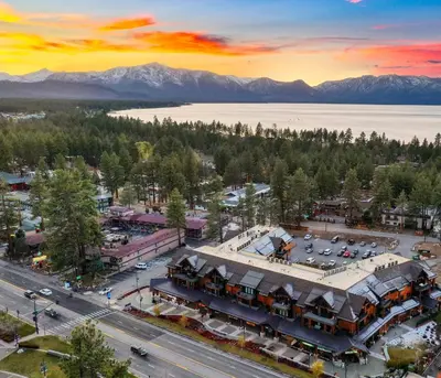 an aerial view of a town with a lake and mountains at Pinnacle Stateline Resort BBQ Hot Tub Pool Zalanta 214 in Stateline