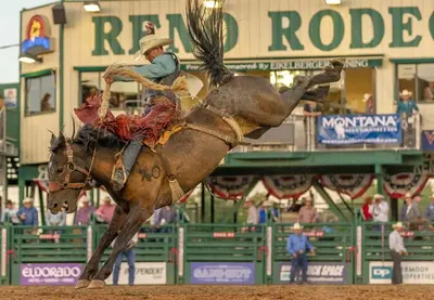 a man riding a horse at a rodeo at NEW Chic 2BR Stay with Heated Pool Gym & Mini Golf in Steamboat