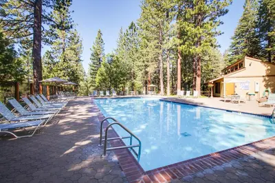 a large swimming pool with chairs and trees at Lake Tahoe Adventure Base! Townhome with Pool Access in Wood Vista